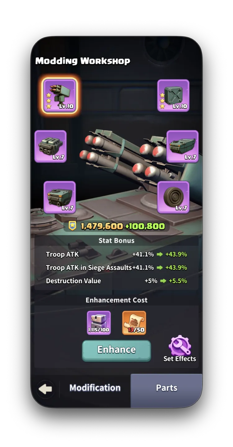 APC parts showing Troop ATK +41.1%, Troop ATK in Siege Assaults +41.1%, Destruction Value +5%