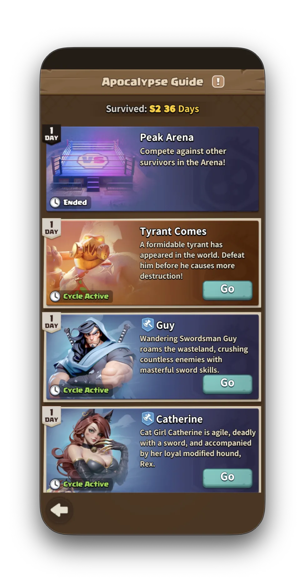 Apocalypse Guide Day 1 — Peak Arena, Guy, Catherine unlock