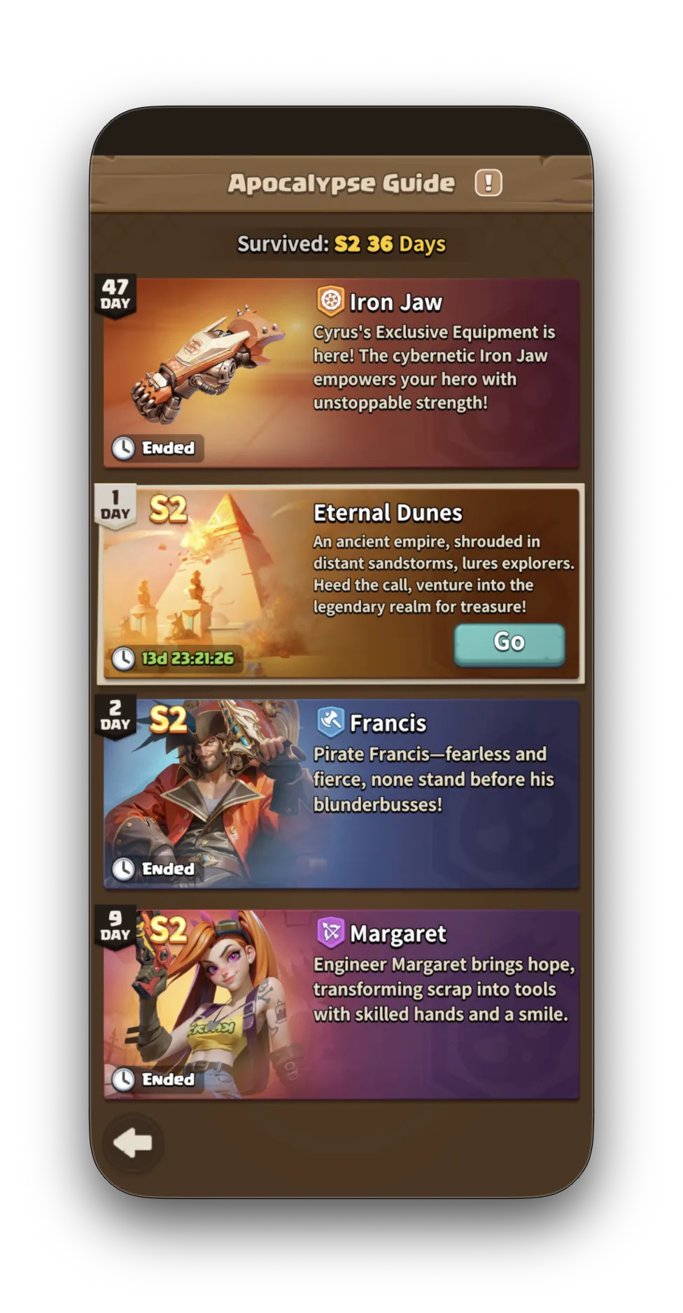 Apocalypse Guide showing Eternal Dunes (Season 2) start