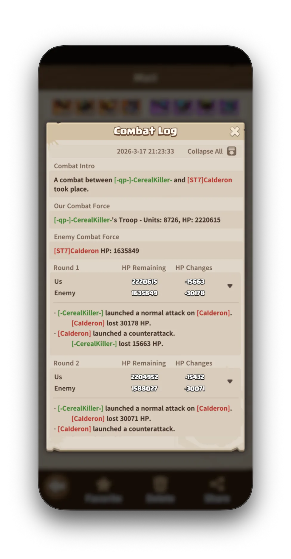 Calderon Combat Log intro — CerealKiller's Troop: Units 8,726, HP 2,220,625. Calderon HP: 1,635,849. Round 1: CK launches normal attack, Calderon loses HP. Calderon counterattacks.