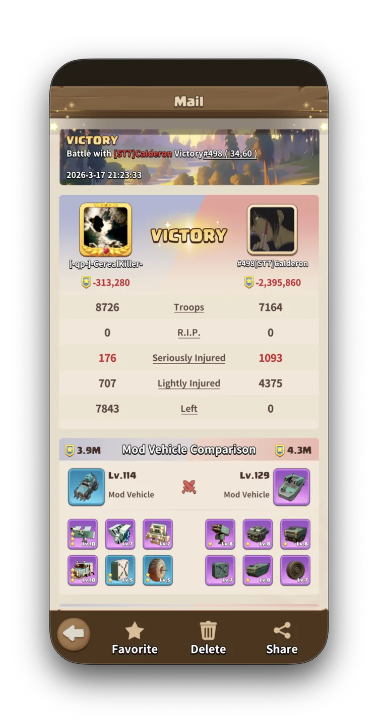 Battle report — CK 8,726 T9 VICTORY vs Calderon 7,164 T10. CK wins despite lower troop tier.