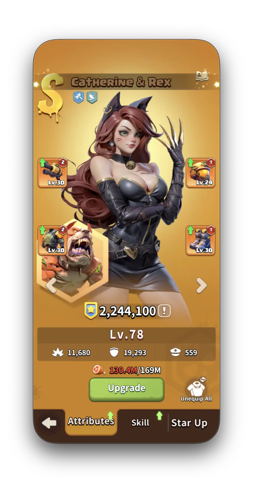 Catherine & Rex — S-tier Fighter Tank, Lv.78, CP 2,244,100, DEF 19,293