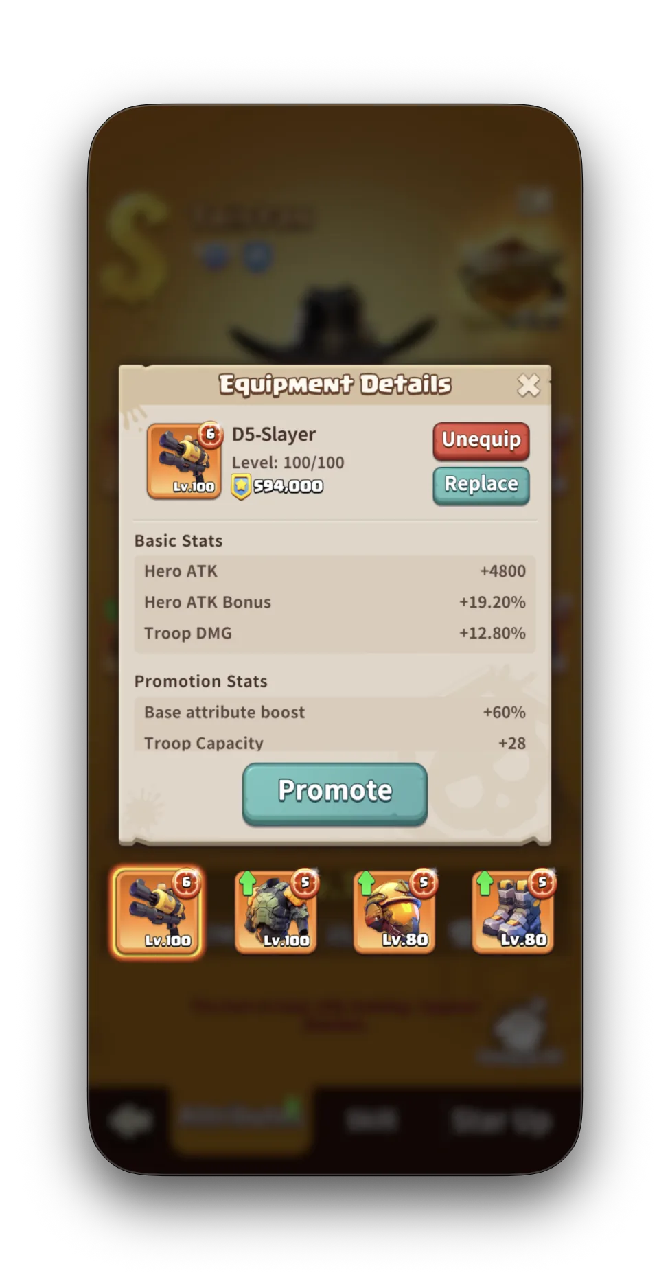 D5-Slayer weapon — Lv.100/100, Hero ATK +4800, Hero ATK Bonus +19.20%, Troop DMG +12.80%, Troop Capacity +28