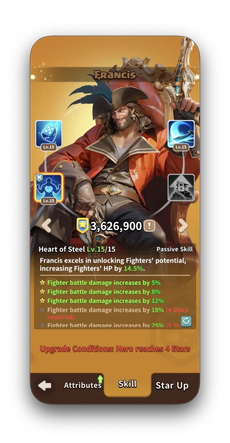 Francis Skill tab — Heart of Steel Lv.15/15, Passive Skill: increases Fighters' HP by 14.5%. Star unlocks add Fighter battle damage +5% to +24%.