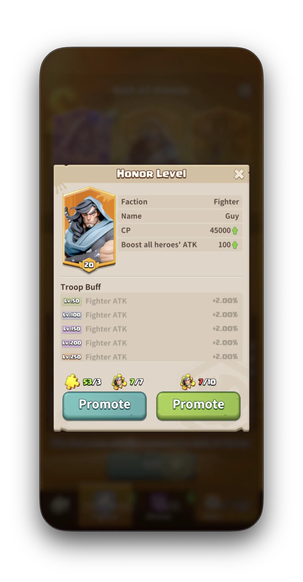 Guy's Honor Level panel — Faction: Fighter, CP 45,000, Boost all heroes' ATK: 100, plus Fighter ATK troop buffs