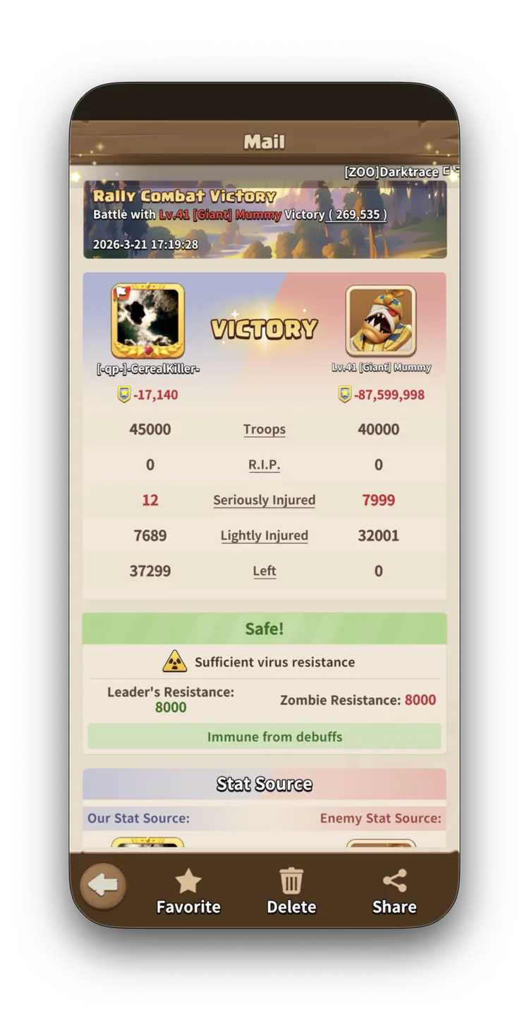 Rally Combat Victory — CK 45,000 troops vs Giant Mummy 40,000. 31 rounds, 12 seriously injured.