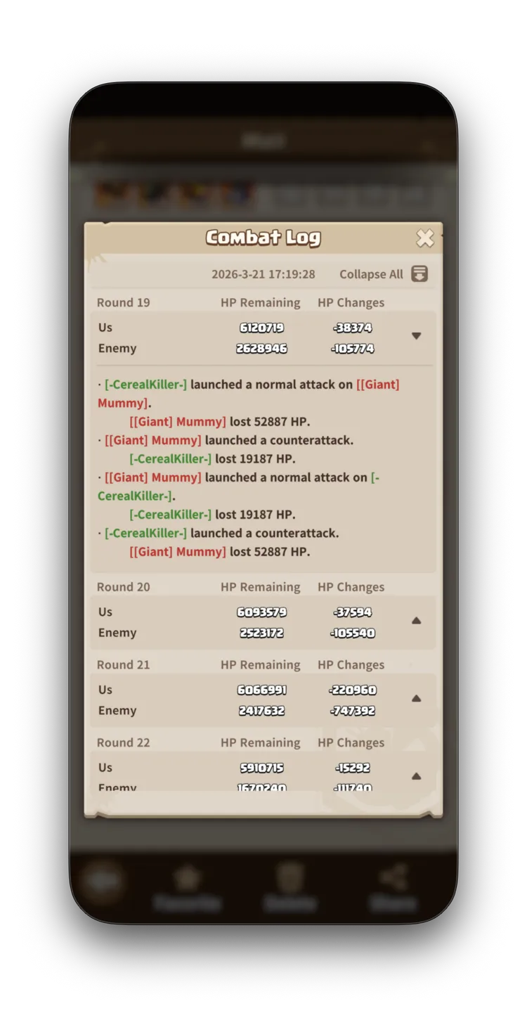 Combat Log Rounds 19-22 from Giant Mummy battle. Round 21 shows massive HP changes — skills firing for the second time.