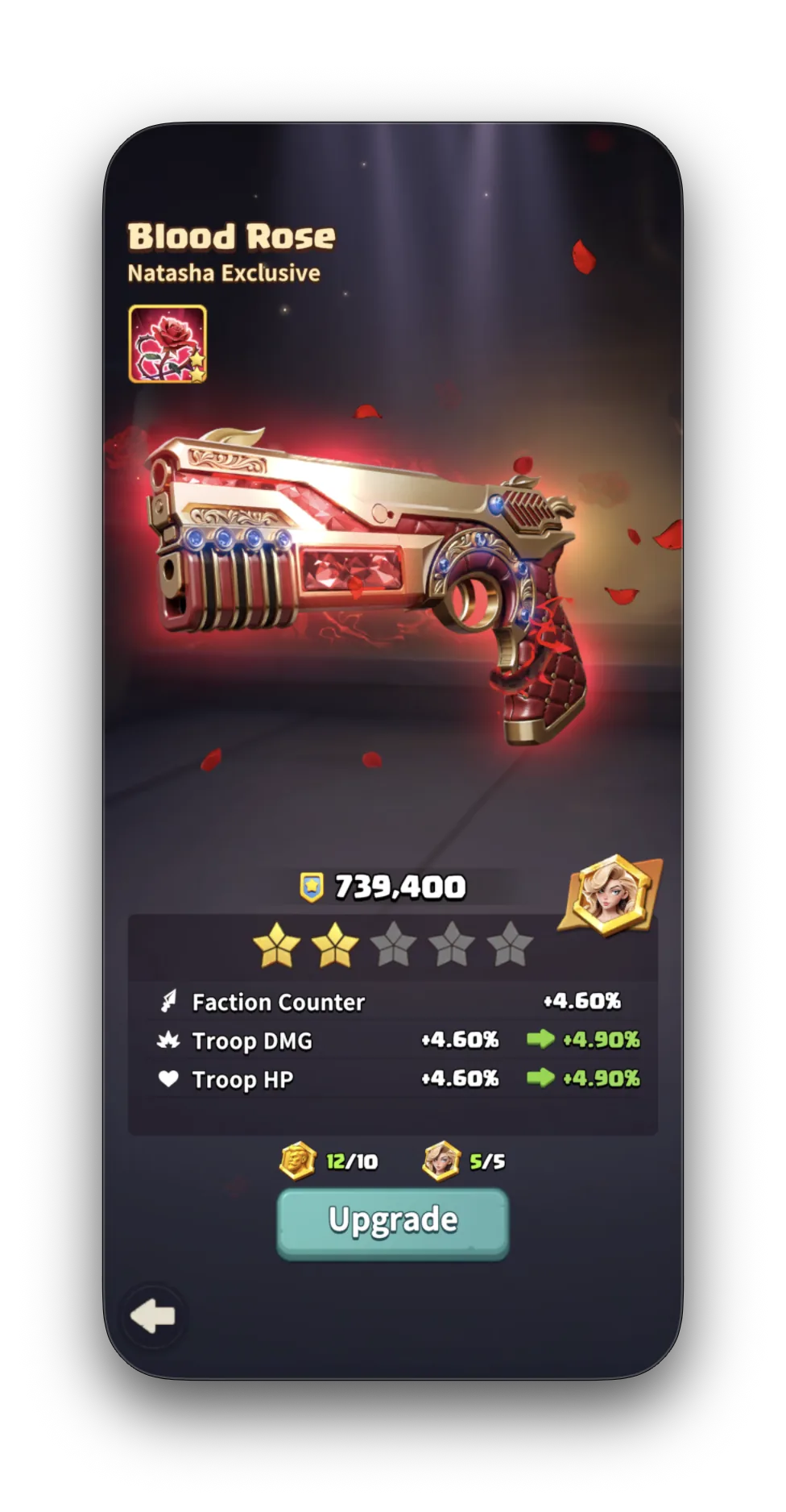 Blood Rose — Natasha's Exclusive Weapon, CP 739,400, Faction Counter +4.60%, Troop DMG +4.60%, Troop HP +4.60%