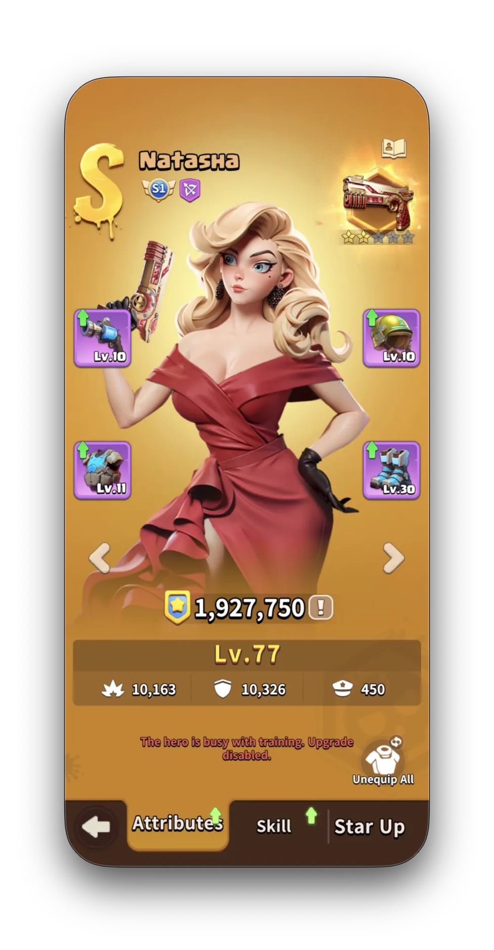 Natasha — Shooter, Lv.77, CP 1,927,750, ATK 10,163 / DEF 10,326 / Troop 450