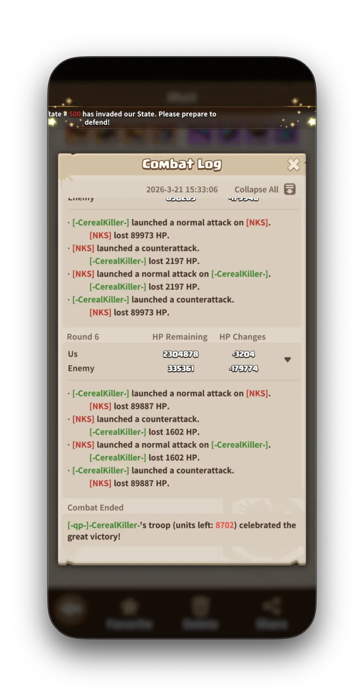Combat Log showing Round 6 ending and 'Combat Ended — CerealKiller's troop (units left: 8702) celebrated the great victory!'