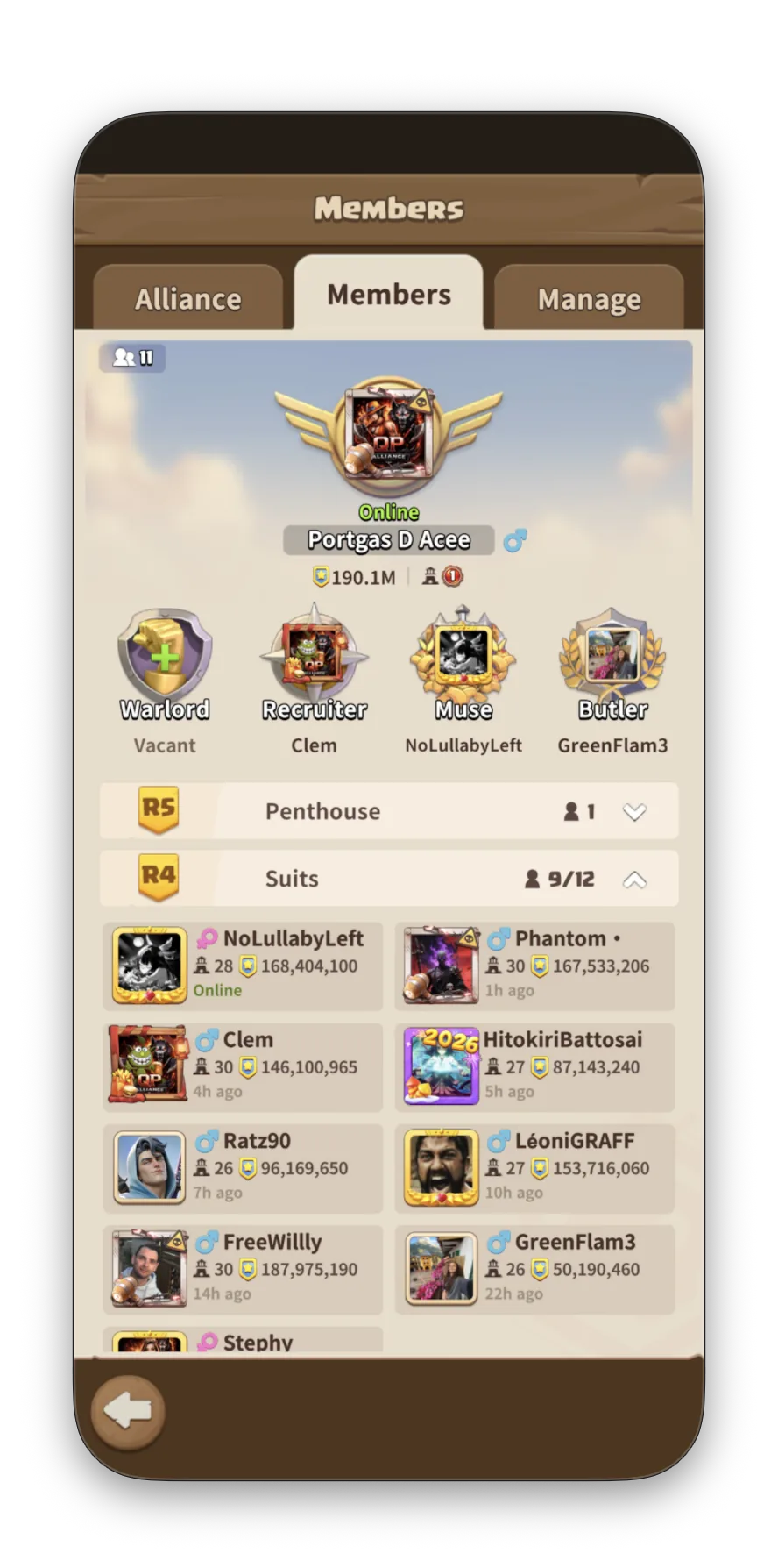 -QP- Alliance member list — Portgas D Acee (R5), NoLullabyLeft (R4), Phantom (R4), and the crew