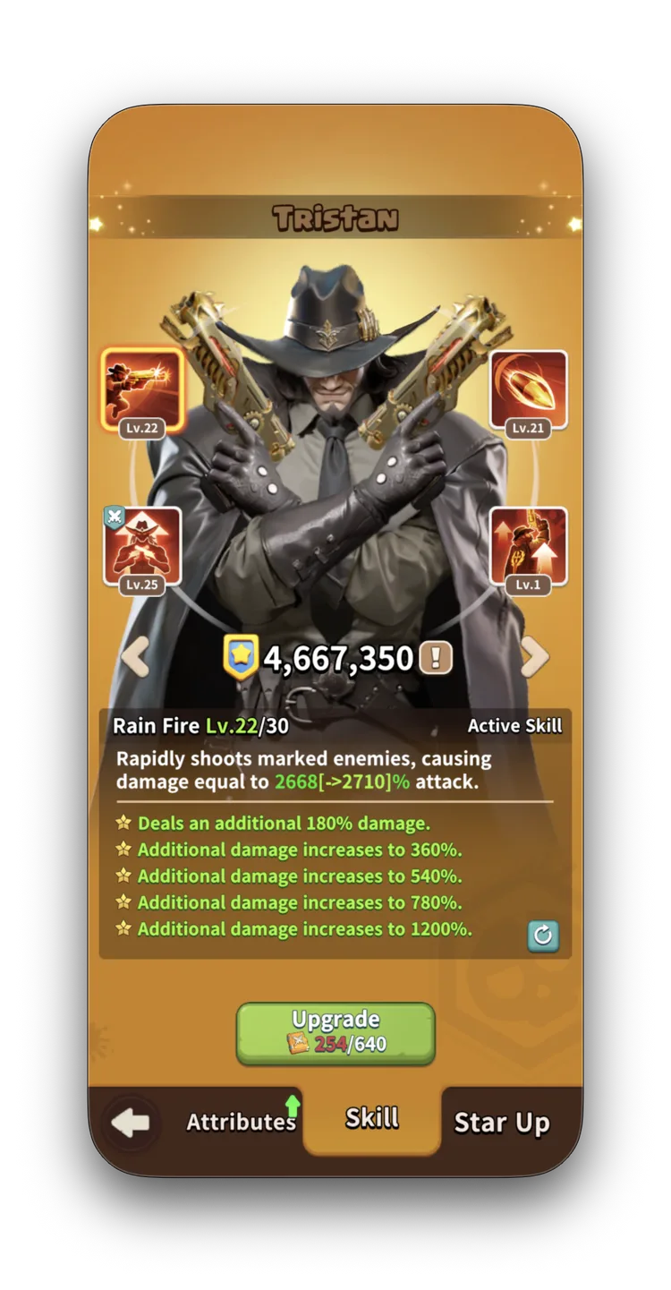 Tristan Skill tab — Rain Fire Lv.22/30, Active Skill: damage equal to 2668% attack. Star unlocks add +180% to +1300% additional damage.