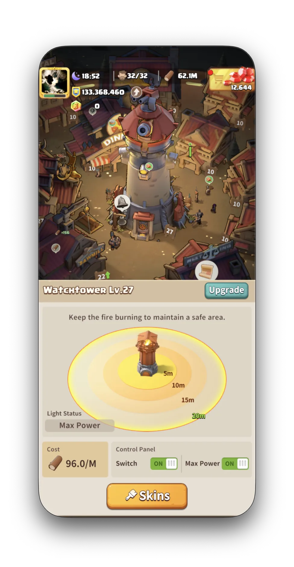 CerealKiller's Watchtower at Level 27 — light radius expanding, power 133M